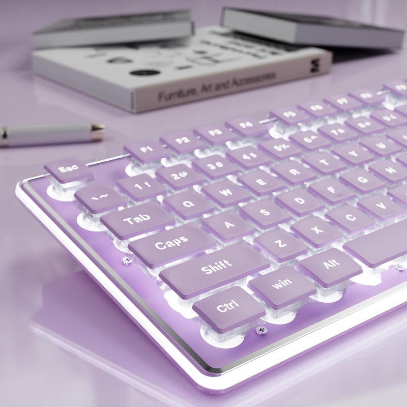 SEUNKWANG EWEADN GX710S Backlit Computer Keyboards, Wired USB Keyboard with White Backlit, Metal Panel, Plug and Play, Pudding Keycaps Full Size Quite Computer Keyboard for Win/PC/Laptop-Purple - Image 1